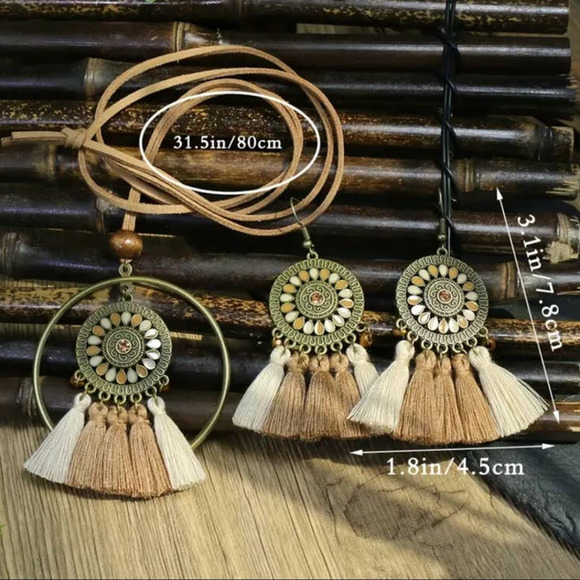 Bohemian Style Tassel Fringe Earrings Necklace‎ Set 3 Piece Tan Cream - Picture 3 of 9